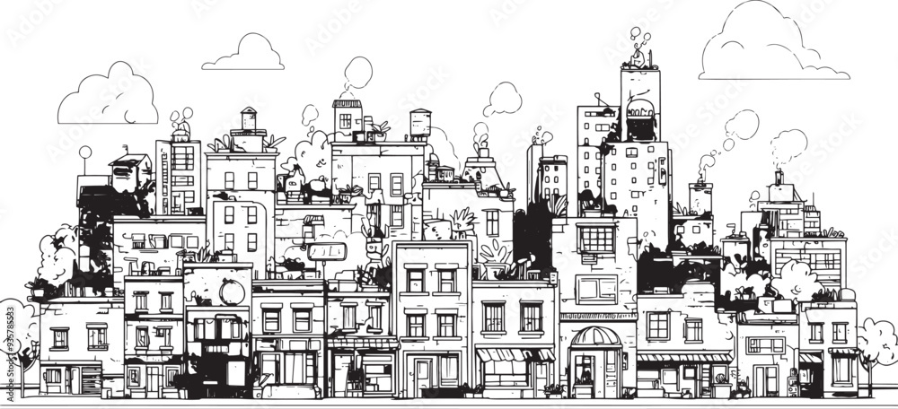 Fototapeta premium City landscape. Line urban backdrop. Skyline with clouds, different buildings on street, doodle street draw, outline cityscape hand sketch, flat houses. Hand drawn vector illustration
