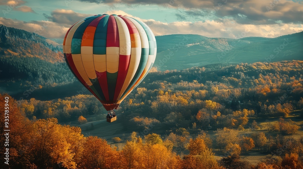 Fototapeta premium Multicolored hot air balloon flying over autumn landscape in nature. The generation of AI