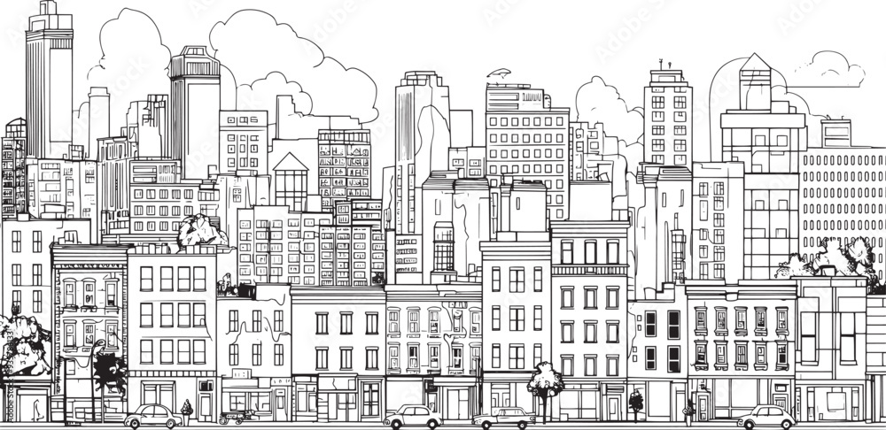 City landscape. Line urban backdrop. Skyline with clouds, different buildings on street, doodle street draw, outline cityscape hand sketch, flat houses. Hand drawn vector illustration City landscape. Line urban backdrop. Skyline with clouds, different buildings on street, doodle street draw, outline cityscape hand sketch, flat houses. Hand drawn vector illustration