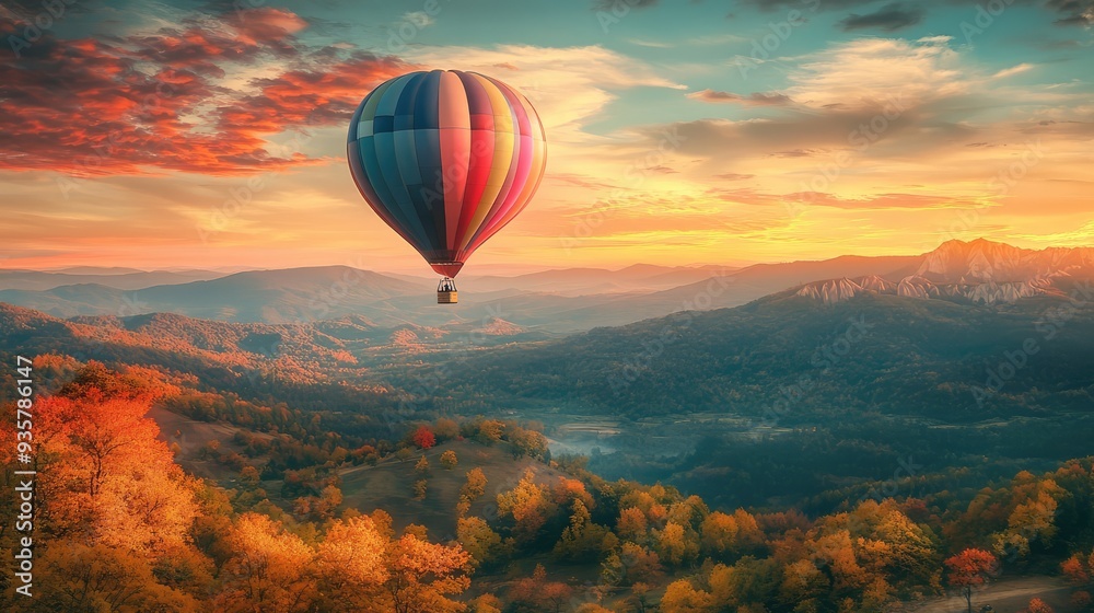 Fototapeta premium Multicolored hot air balloon flying over autumn landscape in nature. The generation of AI