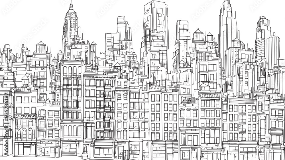 City landscape. Line urban backdrop. Skyline with clouds, different buildings on street, doodle street draw, outline cityscape hand sketch, flat houses. Hand drawn vector illustration City landscape. Line urban backdrop. Skyline with clouds, different buildings on street, doodle street draw, outline cityscape hand sketch, flat houses. Hand drawn vector illustration