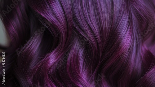 Glossy purple hair cascades in soft waves, catching the light beautifully for a striking effect.