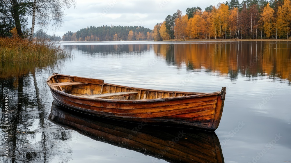 Old wooden row boat on calm lake water with autumn trees. The generation of AI Old wooden row boat on calm lake water with autumn trees. The generation of AI