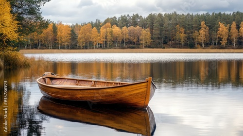 Old wooden row boat on calm lake water with autumn trees. The generation of AI