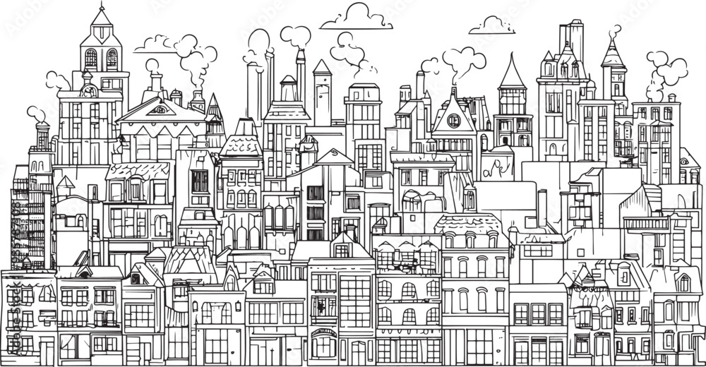 Fototapeta premium City landscape. Line urban backdrop. Skyline with clouds, different buildings on street, doodle street draw, outline cityscape hand sketch, flat houses. Hand drawn vector illustration