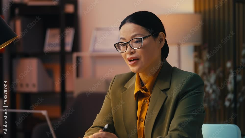 Smiling middle-aged businesswoman having online video conference on laptop Smiling middle-aged businesswoman having online video conference on laptop
