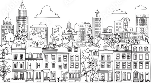 City landscape. Line urban backdrop. Skyline with clouds, different buildings on street, doodle street draw, outline cityscape hand sketch, flat houses. Hand drawn vector illustration