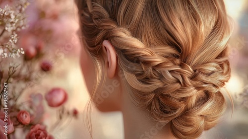 A woman with a stunning braided updo is framed by delicate pink flowers, creating a serene, romantic atmosphere.