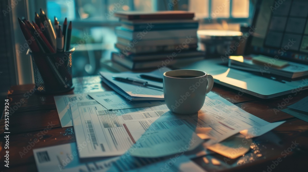 Messy Desk with Coffee and Documents Messy Desk with Coffee and Documents