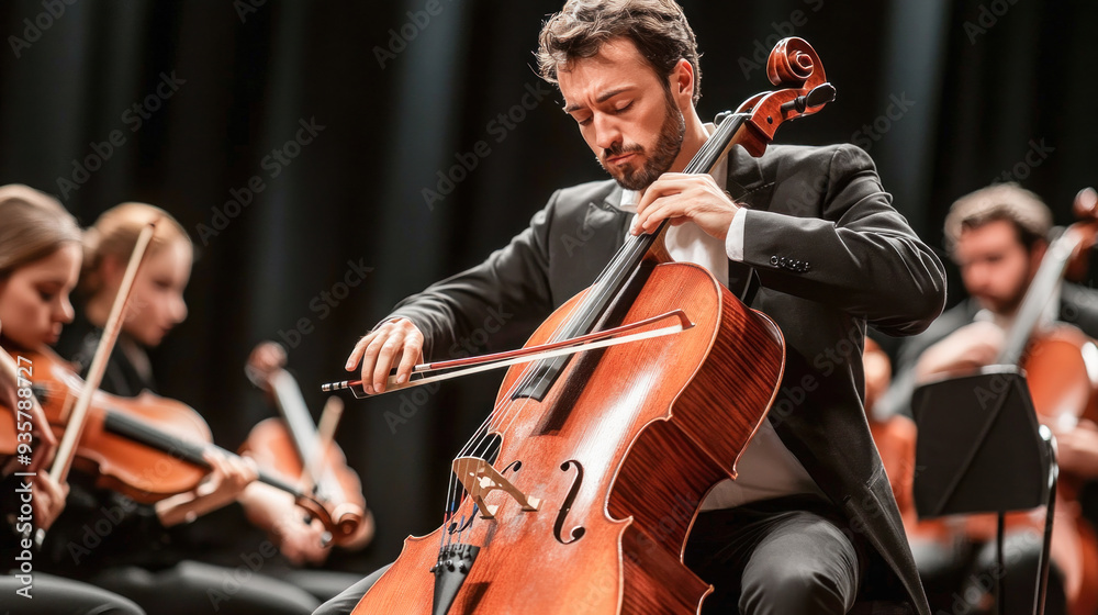 Fototapeta premium Professional cellist playing classical music on cello with symphony orchestra on stage
