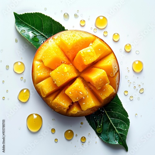 Sliced Mango with Water Drops and Leaves