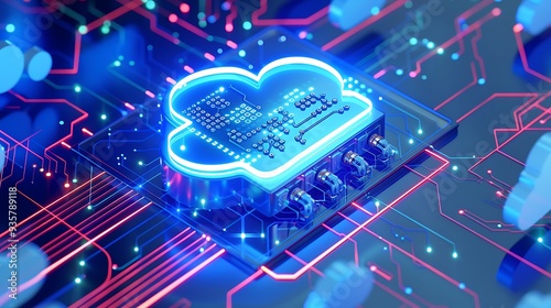 Futuristic cloud computing technology concept with a glowing cloud icon on a digital circuit board.