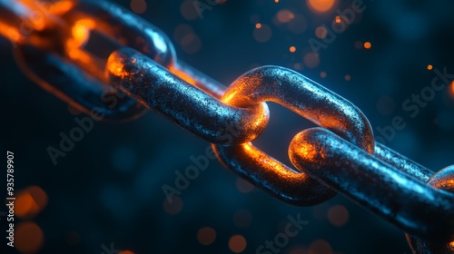 Close-up macro shot of a glowing heated metal chain link, symbolizing strength, connection, and metallurgy against a dark background. photo