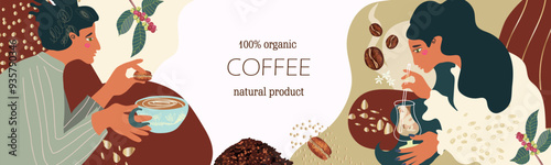 Vector concept horizontal frame, template, banner, background, with hand drawn coffee, abstract elements, people characters. Hand drawn illustration.
