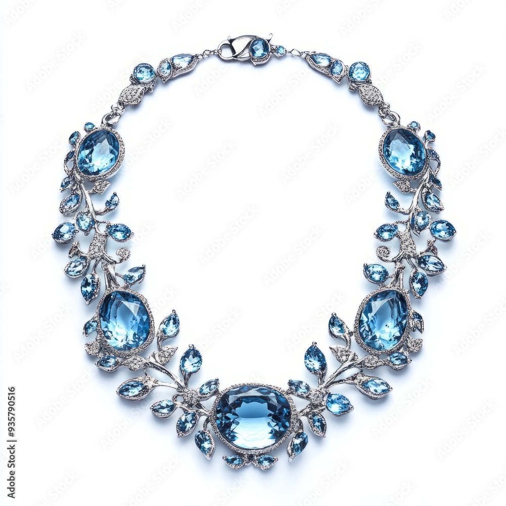 Fototapeta premium Oceanic Bliss: Aquamarine and Silver Necklace Design on White Background