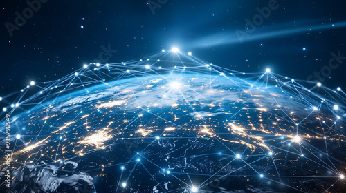 Network with digital world map wireless communication in city world social media technology.