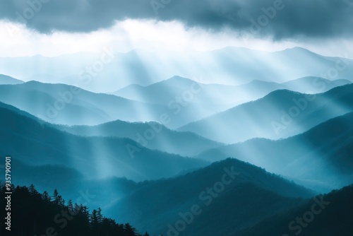 Panoramic View Of Smoky Mountain Ridges With Fog And Light-rays with generative ai