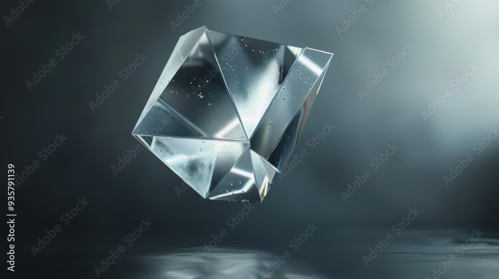 Sleek geometric glass object floating in mid-air, captured against a dark, minimalist background for a modern aesthetic Sleek geometric glass object floating in mid-air, captured against a dark, minimalist background for a modern aesthetic