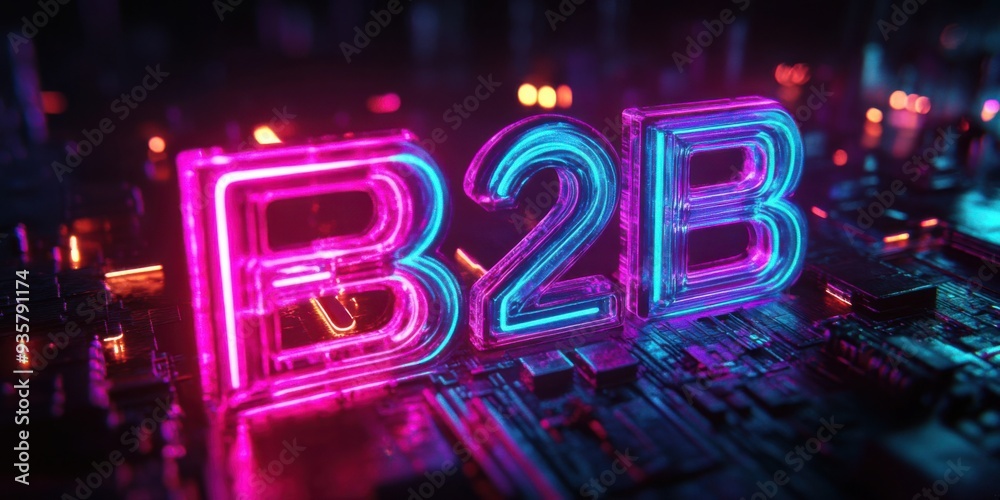 Fototapeta premium Futuristic B2B Technology Graphic: Neon Lights and Digital Innovation Concepts