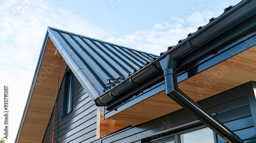 Close-up of gutters in a house with a metal roof. Construction concept.