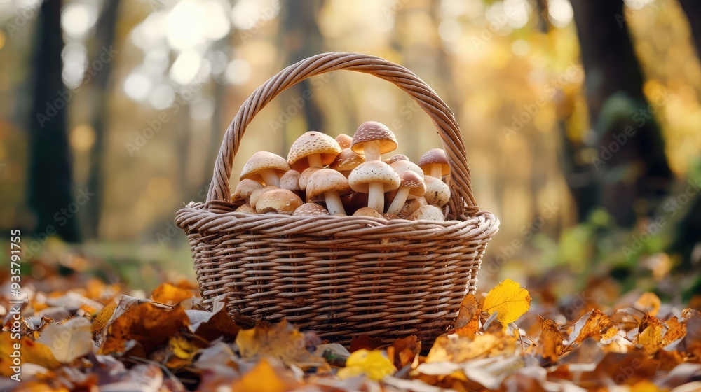A wicker basket of mushrooms under a tree in an autumn forest. AI generation A wicker basket of mushrooms under a tree in an autumn forest. AI generation