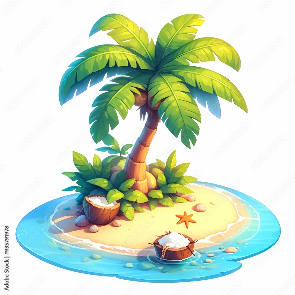 Obraz premium Tropical Island with Palm Tree, Sand, and Coconuts
