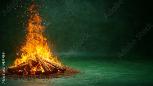 Vivid Campfire Flames Against a Green Background photo