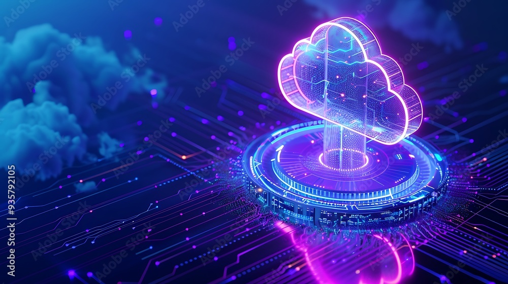 Futuristic cloud technology concept with neon glowing lights, digital data lines, and a cloud icon. Abstract digital technology background.