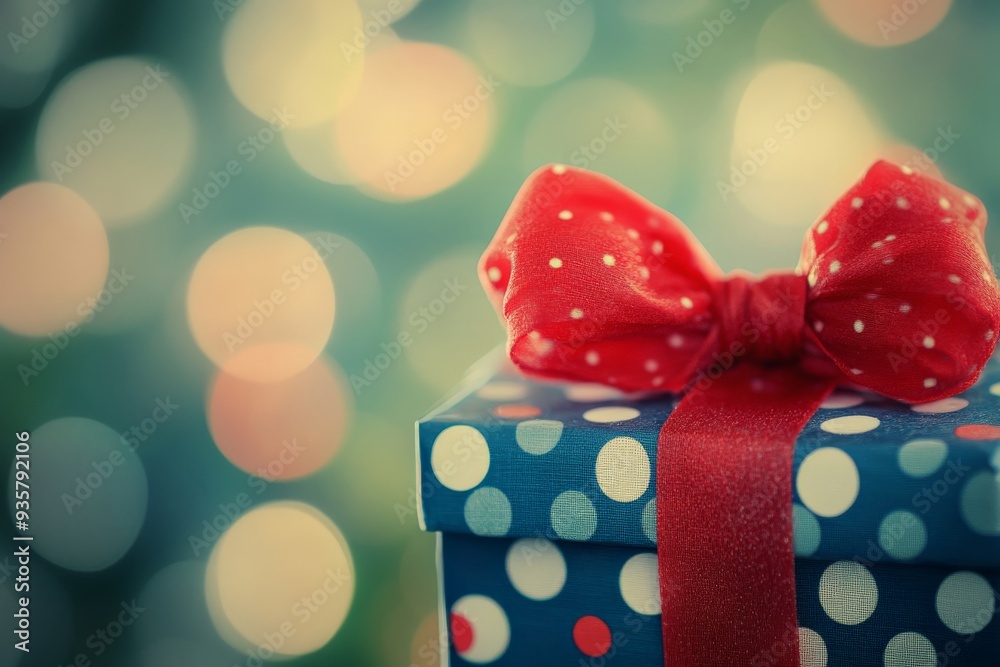 Fototapeta premium A charming gift box wrapped in blue polka-dotted paper with a cheerful red bow is perfectly staged in front of soft-focus, glowing bokeh lights, embodying festivity.