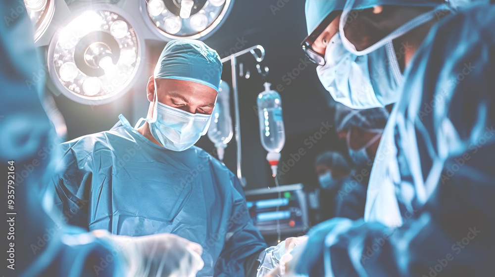 A team of surgeons in blue scrubs performs surgery. A team of surgeons in blue scrubs performs surgery.