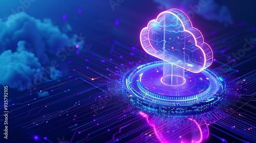 Obraz na płótnie Futuristic cloud technology concept with neon glowing lights, digital data lines, and a cloud icon. Abstract digital technology background. w salonie