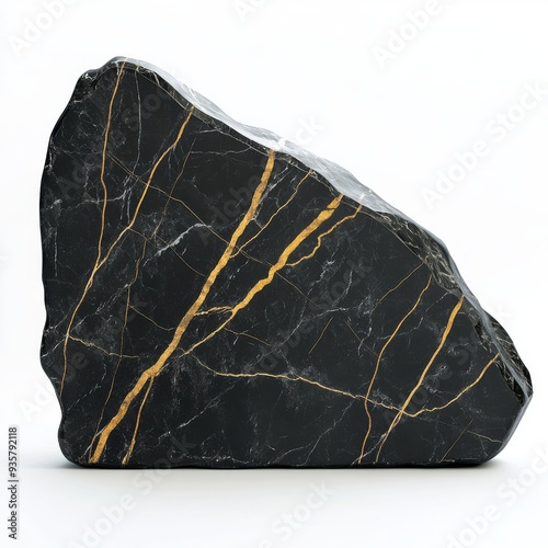 Black Marble Piece with Gold Veins on White Background photo