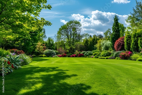 Lush Green Garden with Manicured Lawn, Colorful Flower Beds, and Tall Trees Under a Bright Blue Sky, Creating a Serene and Picturesque Outdoor Scene