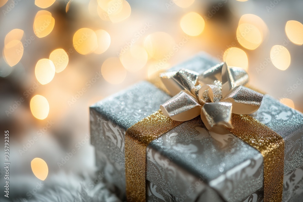 This picture portrays a silver gift box beautifully wrapped and topped with a shiny gold glittering ribbon, capturing a festive and luxurious feel with bokeh lights in the background creating depth. This picture portrays a silver gift box beautifully wrapped and topped with a shiny gold glittering ribbon, capturing a festive and luxurious feel with bokeh lights in the background creating depth.