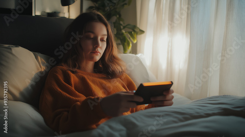 A young woman is playing a portable gaming console photo