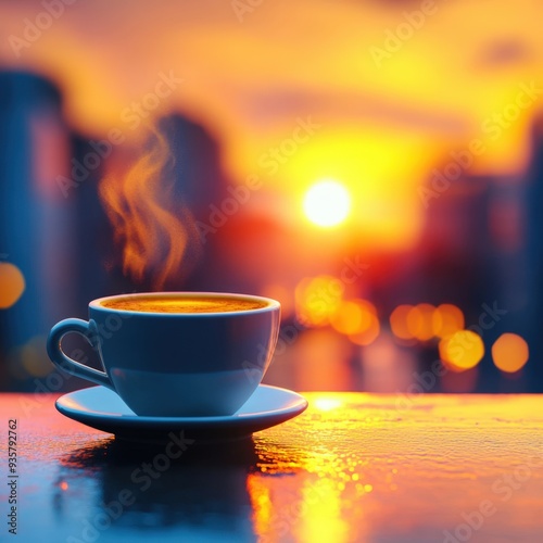 Wallpaper Mural A warm cup of coffee on a table during a stunning sunset over the city skyline Torontodigital.ca