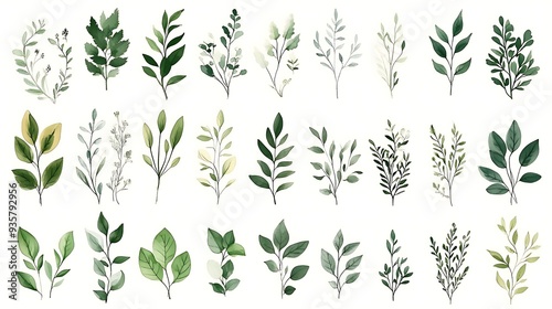 This image showcases a variety of hand-drawn green leaf botanical illustrations