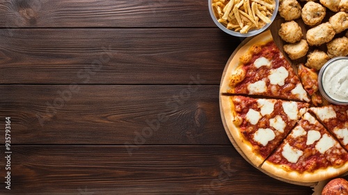 A vibrant array of football party food displayed on a table, showcasing pizza, chicken wings, a loose sauce, and fresh sides in a meticulously arranged presentation