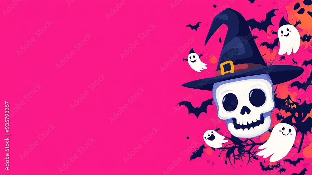 Vibrant pink Halloween illustration featuring a skull wearing a witch hat surrounded by bats and ghosts, creating a playful yet eerie festive spirit perfect for seasonal decor. Vibrant pink Halloween illustration featuring a skull wearing a witch hat surrounded by bats and ghosts, creating a playful yet eerie festive spirit perfect for seasonal decor.