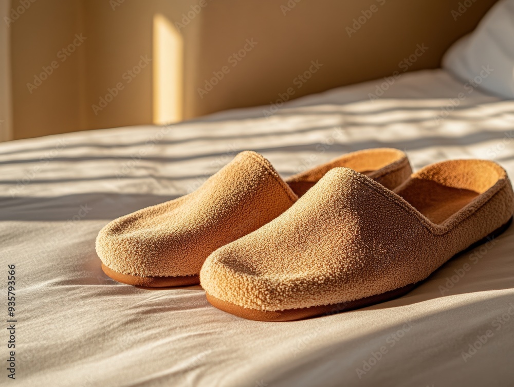 Cozy slippers resting on a sunlit bed, inviting comfort in a tranquil morning setting Cozy slippers resting on a sunlit bed, inviting comfort in a tranquil morning setting