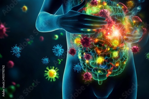 A human body illuminated to show the presence of various bacteria and viruses within the digestive system, illustrating the complexities of the human microbiome and its impact on health. photo