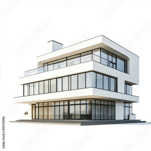 Photorealistic Bauhaus House 3D Rendering: Modernist Architecture on White Background