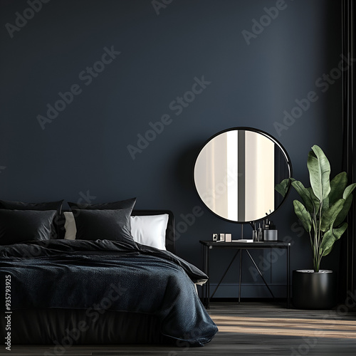 A bedroom decorated in modern and dark tones, with an empty wall in front of it, a modern make-up mirror in front of the wall