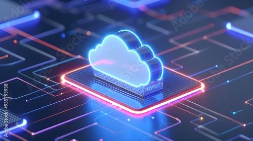 Futuristic digital cloud computing concept with neon lights and abstract circuit board background, representing data storage and technology.