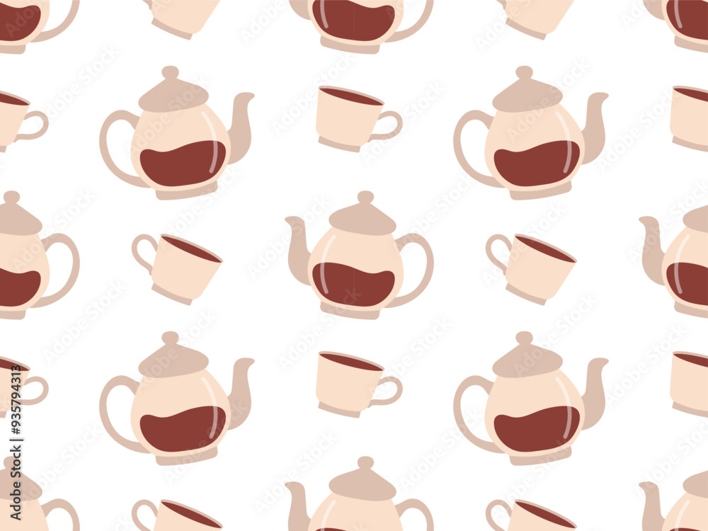 Seamless pattern with teapot and cups filled with tea. Vector of repeating elements of tea drinking Seamless pattern with teapot and cups filled with tea. Vector of repeating elements of tea drinking