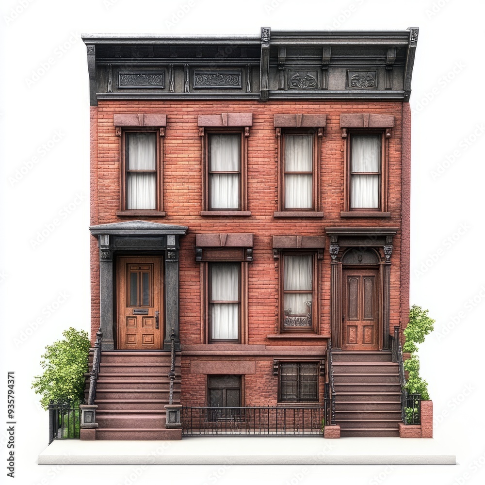 Obraz premium Photorealistic Brownstone House 3D Model - Isolated White Background - Urban Style