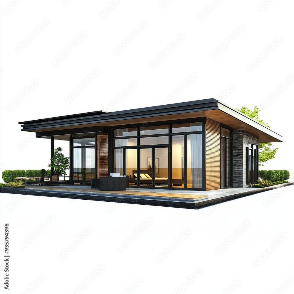 3D Rendering: Modern Bungalow House Isolated on White Background 3D Rendering: Modern Bungalow House Isolated on White Background