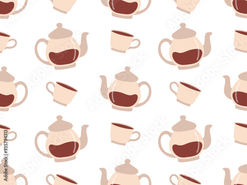 Seamless pattern with teapot and cups filled with tea. Vector of repeating elements of tea drinking