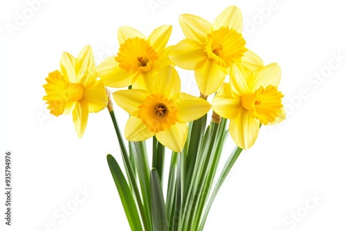 This image features a close-up view of five vibrant yellow daffodil flowers with green leaves, set against a clean white background, showcasing their natural beauty and simplicity.