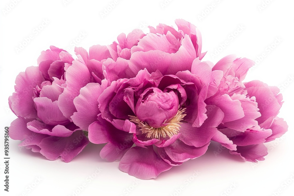 Three bright purple-pink peonies with incredibly lush, full petals beautifully arranged against a clean white backdrop, offering a striking and vibrant depiction of floral elegance. Three bright purple-pink peonies with incredibly lush, full petals beautifully arranged against a clean white backdrop, offering a striking and vibrant depiction of floral elegance.